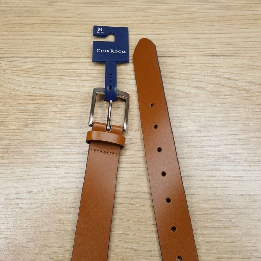 CLUB ROOM Belt Mens Size Medium 34 36 Tan Faux Leather Silver Buckle